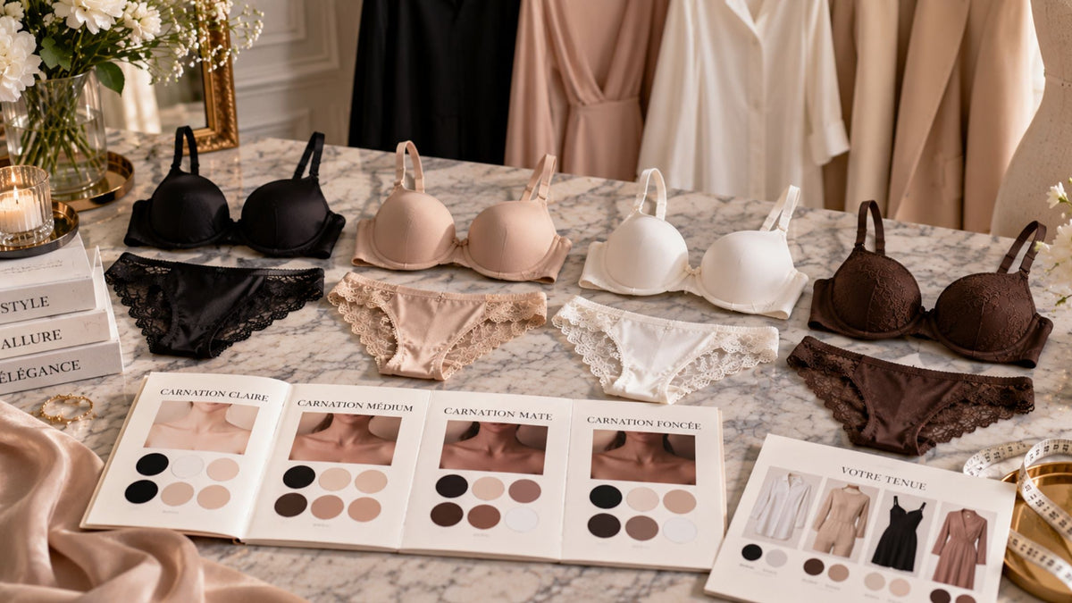 Lingerie noire, ivoire, beige et brune assortie aux carnations et vêtements pour choisir des dessous invisibles