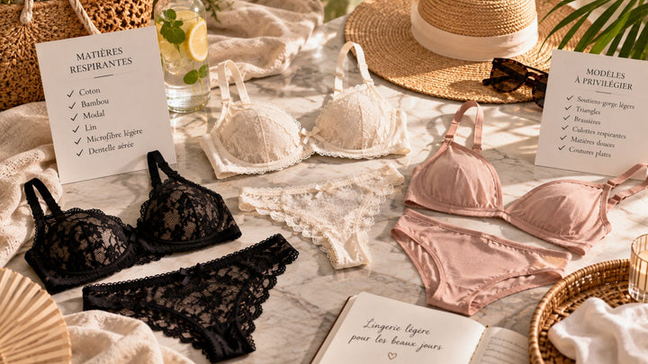 Lingerie légère en dentelle et matières respirantes sur marbre, avec chapeau et accessoires évoquant la chaleur estivale