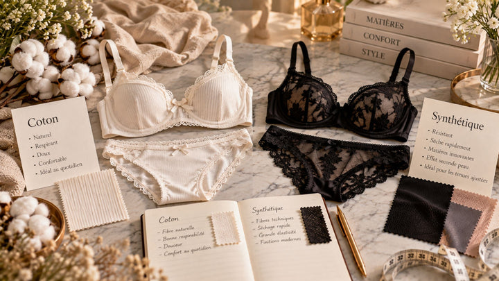 Lingerie en coton ivoire et synthétique noire avec échantillons de matières, coton brut et dentelle sur marbre