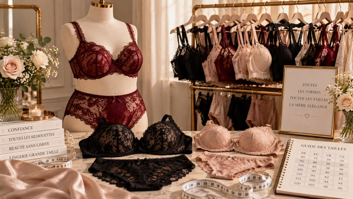 Lingerie grande taille en dentelle bordeaux, noire et rose présentée sur buste, avec portants et guide des tailles