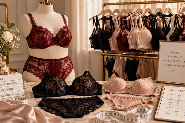 Lingerie grande taille en dentelle bordeaux, noire et rose présentée sur buste, avec portants et guide des tailles