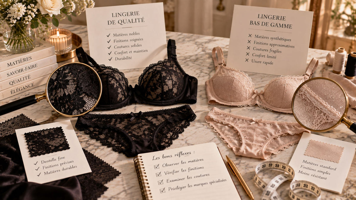 Lingerie de qualité noire et modèle beige comparés sur marbre avec détails de dentelle, coutures et finitions