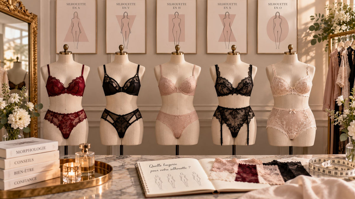 Lingerie en dentelle sur cinq bustes de morphologies variées, avec silhouettes A, V, H, X et O dans un atelier élégant