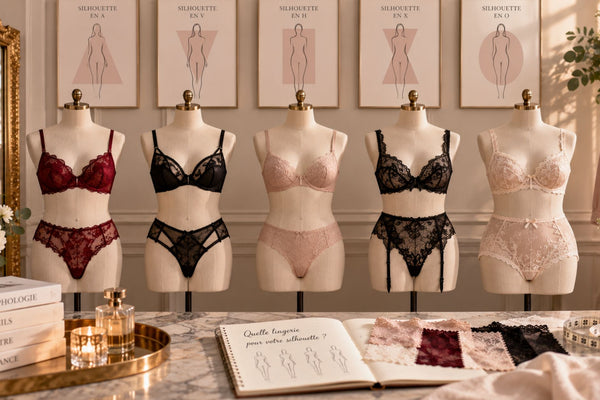 Lingerie en dentelle sur cinq bustes de morphologies variées, avec silhouettes A, V, H, X et O dans un atelier élégant