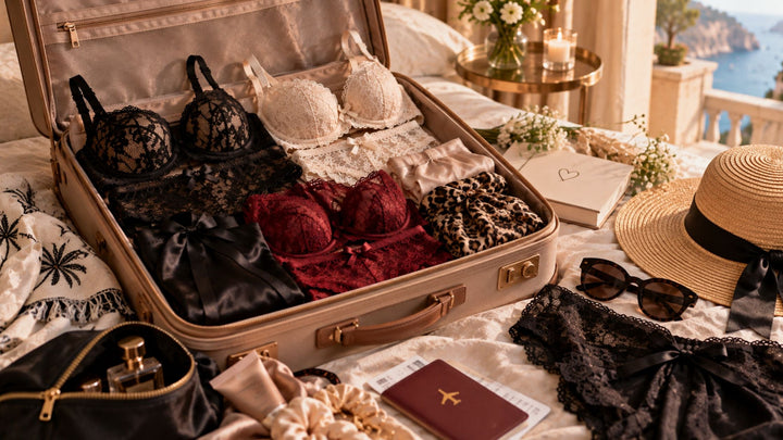 Lingerie de voyage noire, ivoire et bordeaux rangée dans une valise avec chapeau, lunettes et accessoires de vacances