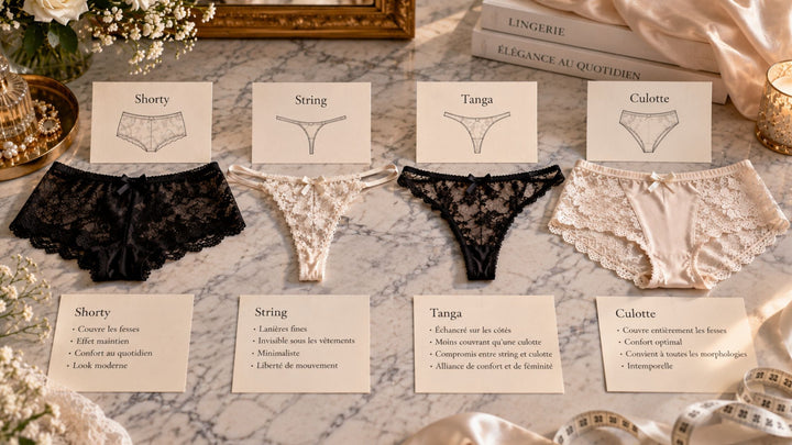 Shorty, string, tanga et culotte en dentelle noire et ivoire disposés sur marbre pour illustrer leurs différences