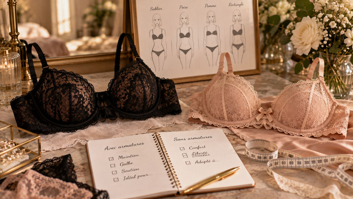 Soutien-gorge à armatures noir et soutien-gorge sans armatures nude posés côte à côte avec un mètre de couturière
