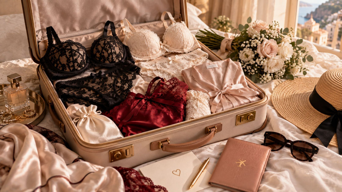 Valise de noces ouverte avec lingerie en dentelle noire, ivoire et bordeaux, satin, fleurs et accessoires de voyage