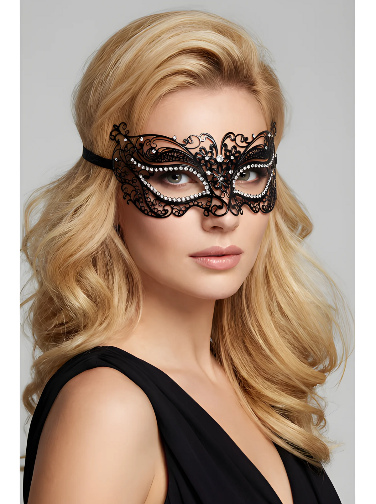 Masque vénitien Alba rigide noir avec strass