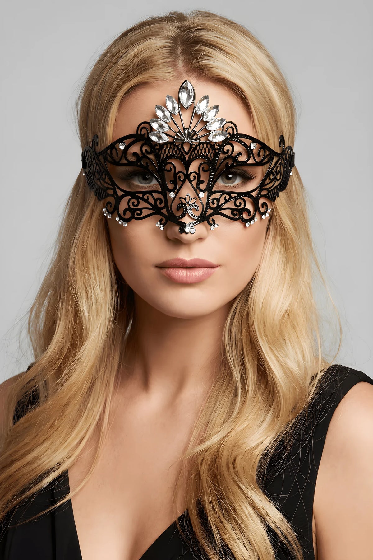 Masque vénitien Gemma rigide noir avec strass