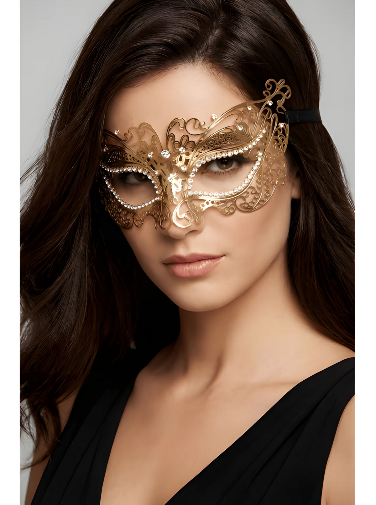 Masque vénitien Alba rigide doré avec strass