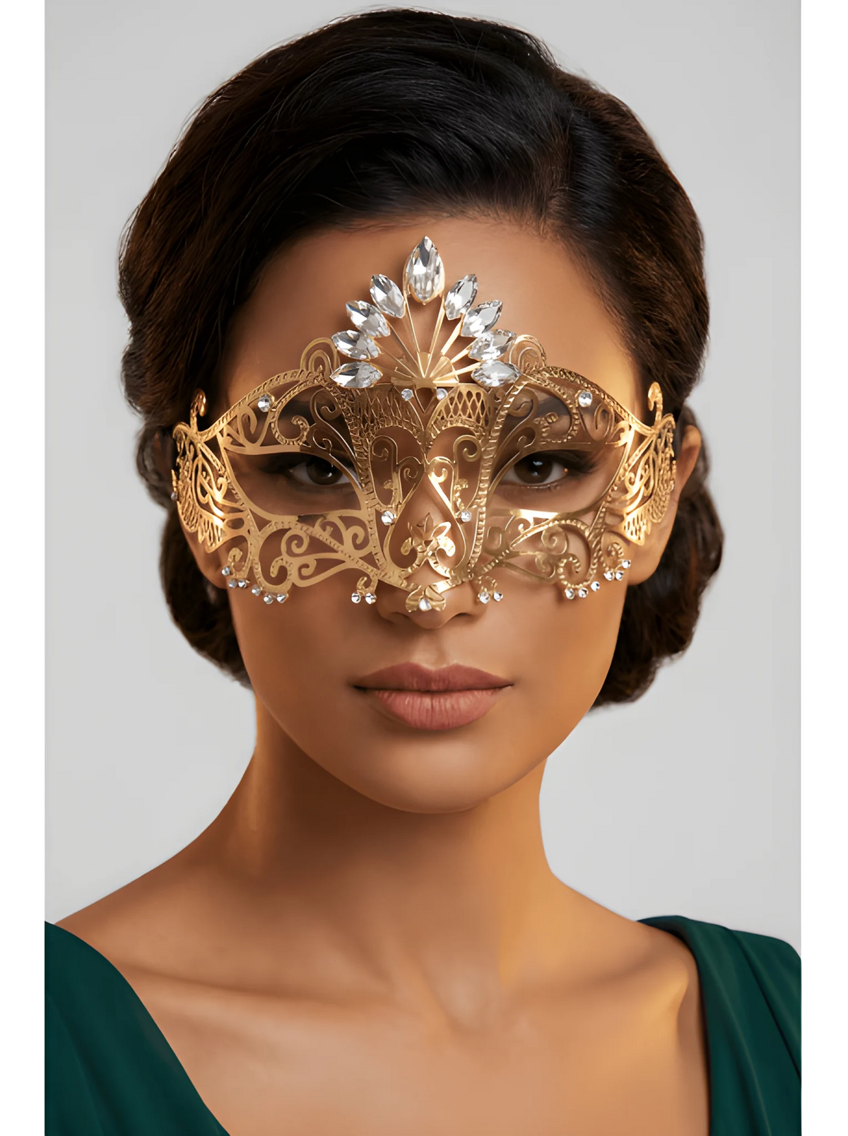 Masque vénitien Gemma rigide doré avec strass