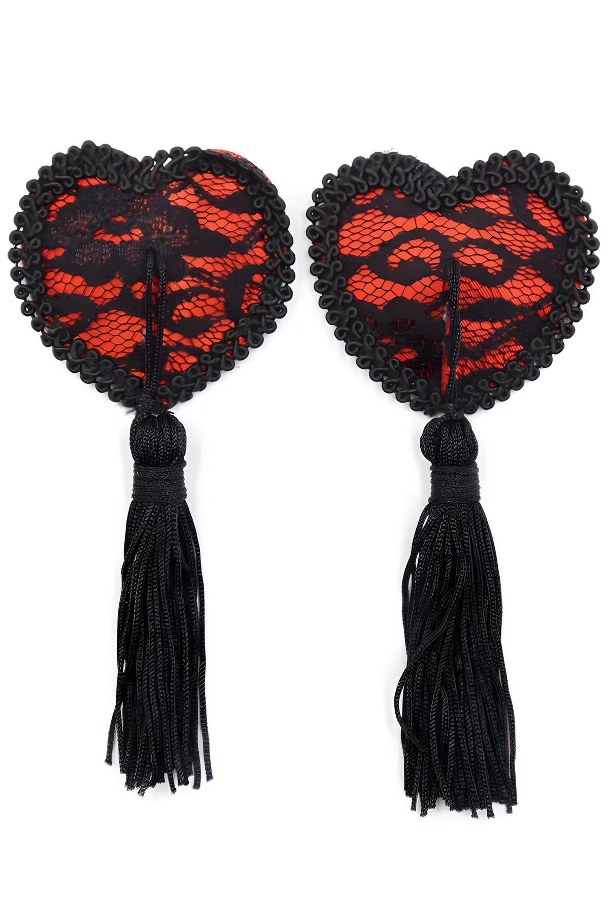 Paire de cache tétons adhésifs en forme de cœur avec dentelle noire et pompom