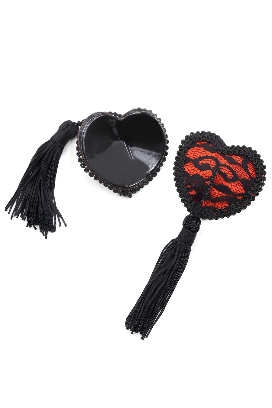 paire-de-cache-ttons-adhsifs-en-forme-de-cur-avec-dentelle-noire-et-pompom | Voyage Sensuel