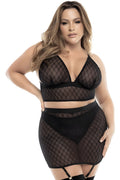 Soutien-gorge, string et jupe, grande taille, résille noire