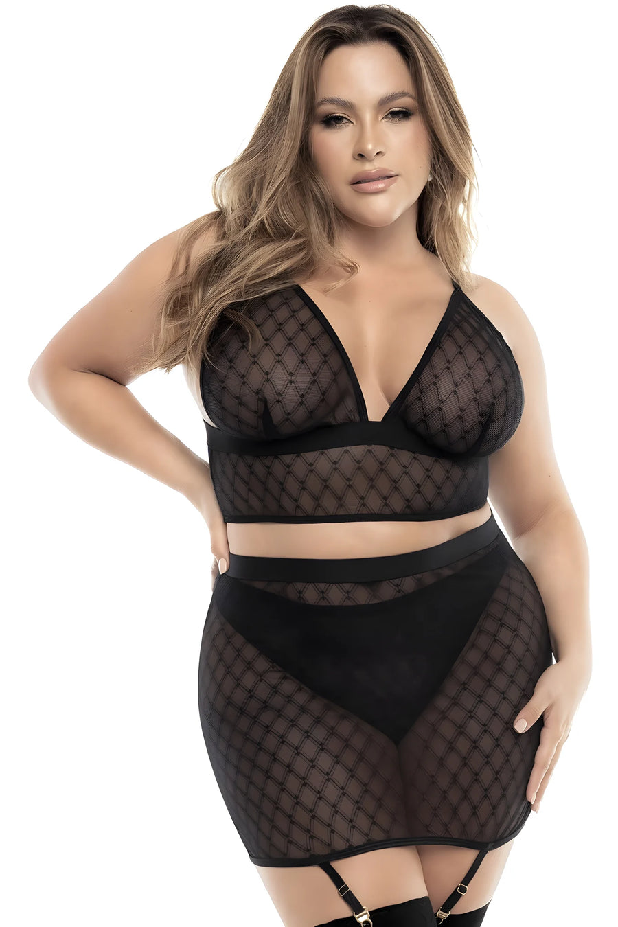 Soutien-gorge, string et jupe, grande taille, résille noire | Voyage Sensuel
