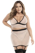 Soutien-gorge, string et jupe, grande taille, résille Chair/Noire