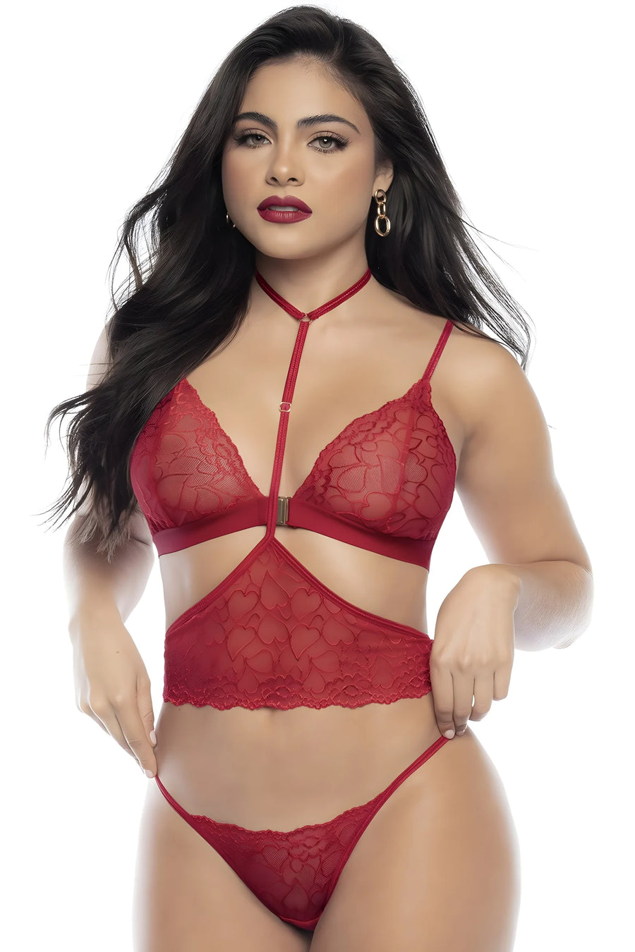 Ensemble lingerie trois pièces en dentelle rouge imprimée de cœurs | Voyage Sensuel