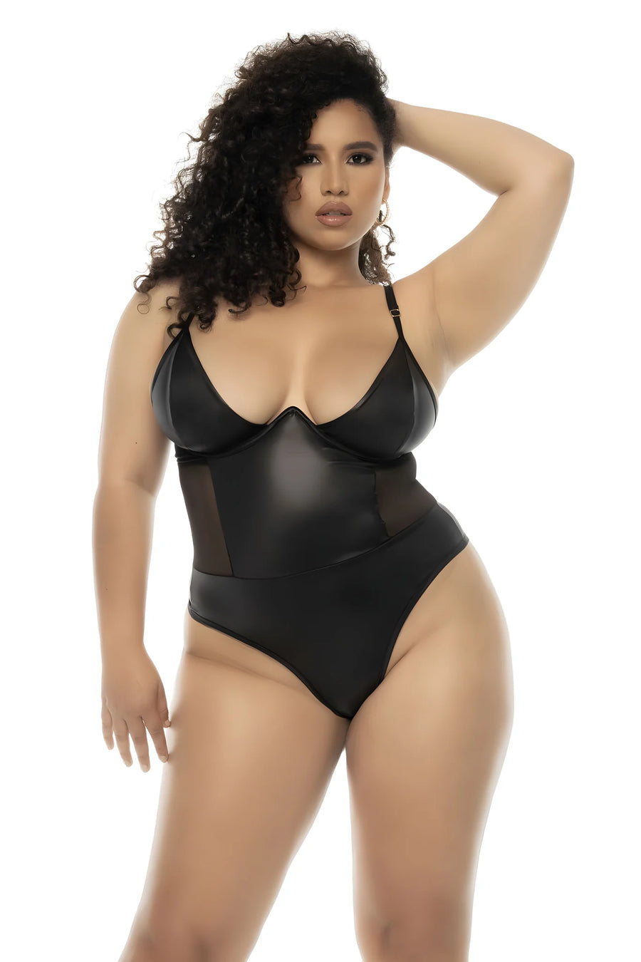 Bodystring Bibi grande taille en wetlook noir avec armatures, bretelles réglables | Voyage Sensuel