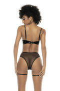 Ensemble 2 pièces, en vinyl et résille noir, soutien gorge seins nus et string avec zip fonctionnel