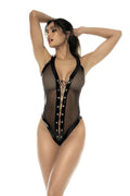 Bodystring Willa noir en vinyl et tulle avec laçage sur le devant
