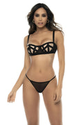 Ensemble 3 pièces noir, soutien gorge, porte jarretelles avec jarretières intégrées et string assorti