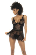 Nuisette noir Raven, en dentelle et résille, avec armatures, bretelles réglables, laçage dans le dos