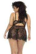 Nuisette noir Selma grande taille, en dentelle, avec armatures et string assorti inclus