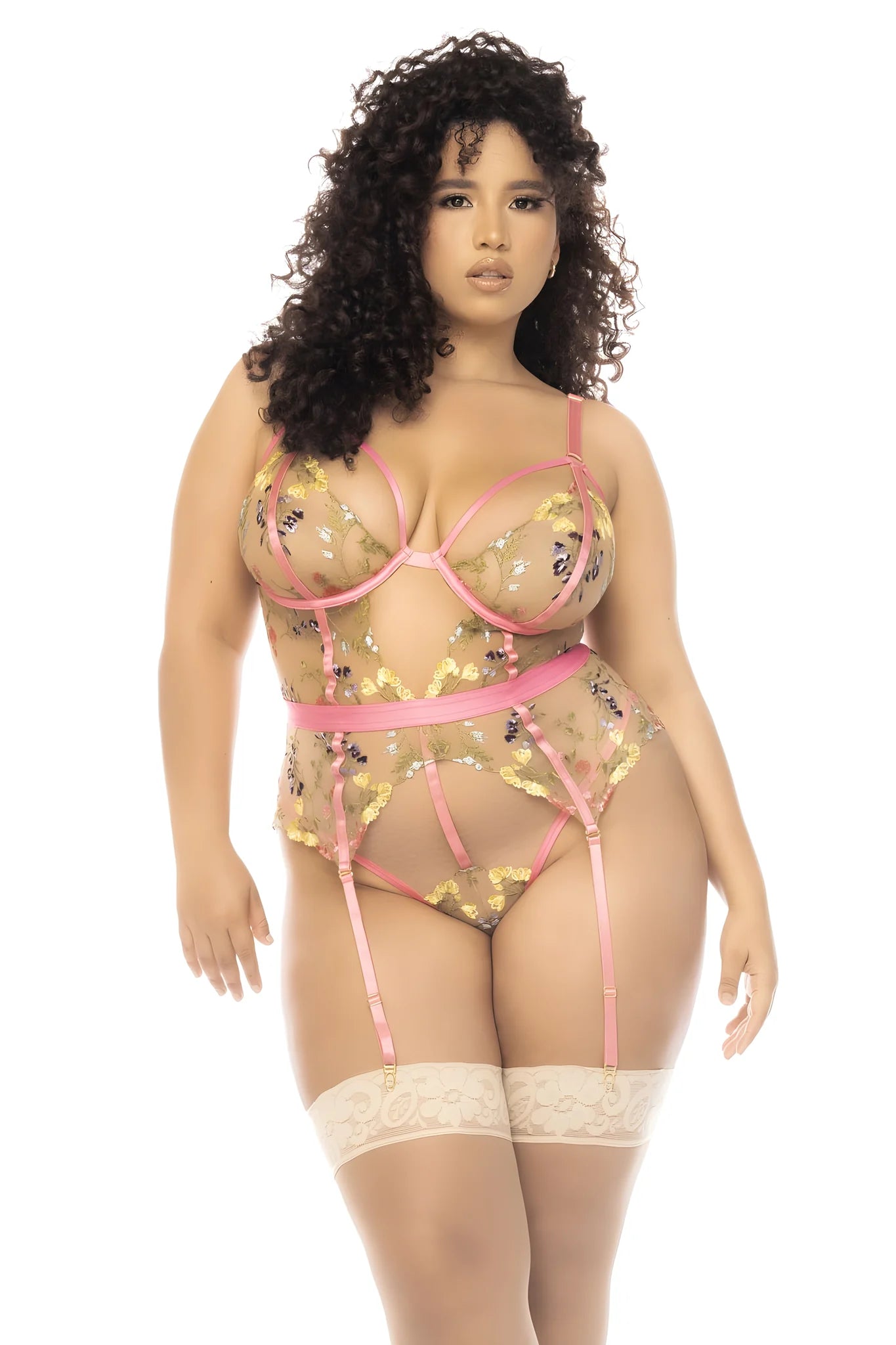 Body guépière grande taille avec dentelle brodée florale Sydney, porte jarretelles réglables et détachables