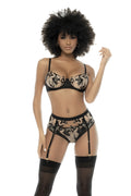 Ensemble 3 pièces noir et chair Kyra, avec dentelle brodée, soutien gorge à armatures, porte jarretelle et culotte