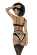 Ensemble 3 pièces noir et chair Kyra, avec dentelle brodée, soutien gorge à armatures, porte jarretelle et culotte