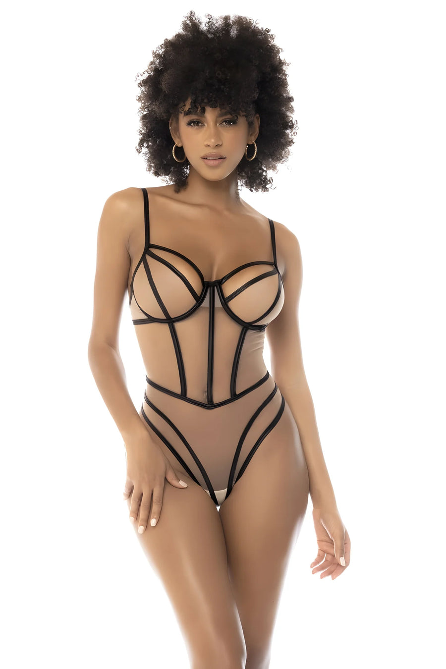 Body noir et chair Promise, avec armatures, fait en fine résille, bretelles et dos ajustables | Voyage Sensuel