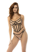 Ensemble 3 pièces noir et chair, en fine résille, soutien gorge avec armatures, serre taille et string assorti