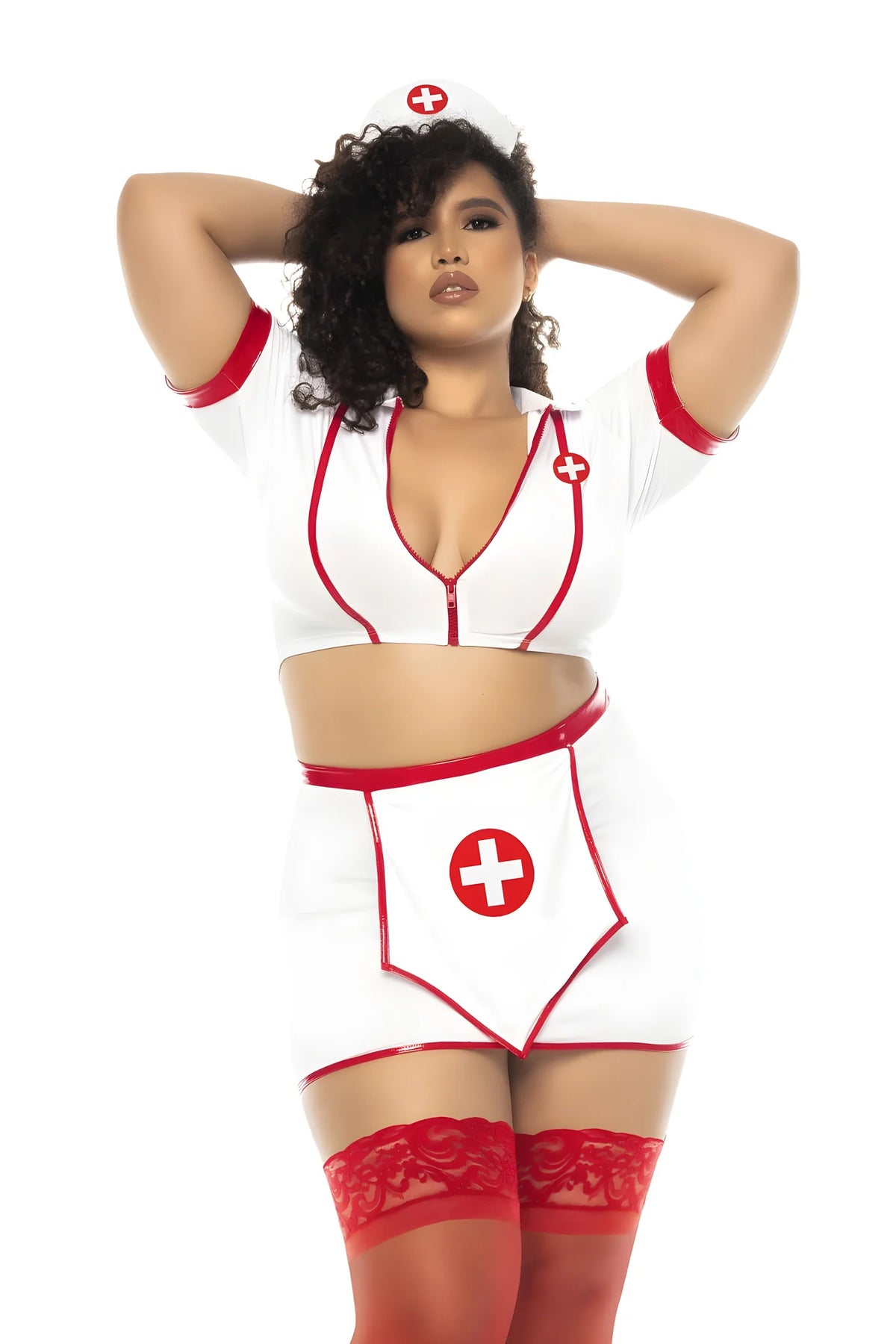 Costume infirmière 3 pièces grande taille, top avec zip fonctionnel, jupe et serre tête