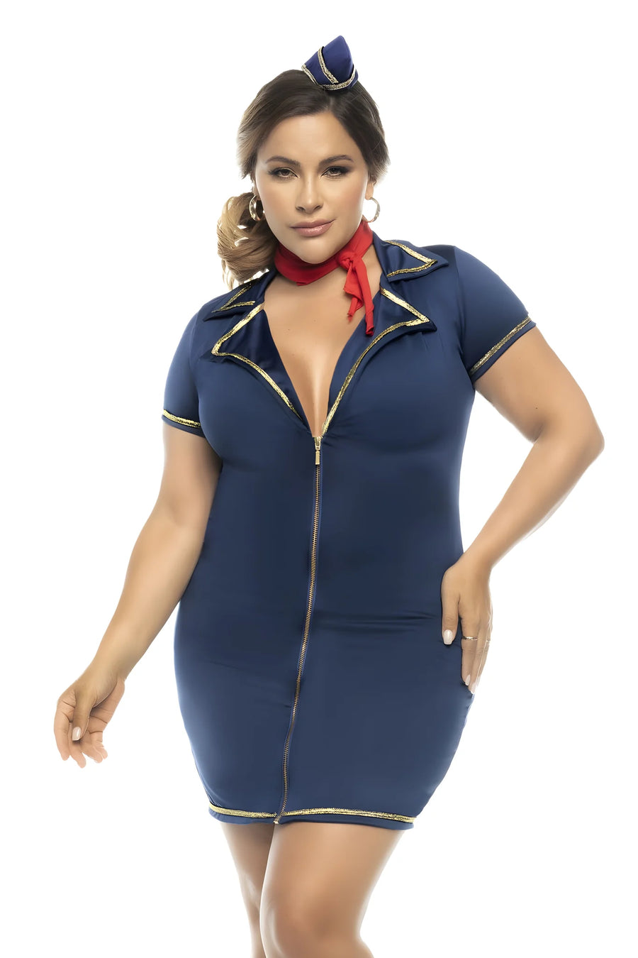 Costume hôtesse de l'air 3 pièces grande taille, robe avec zip fonctionnel, tour de cou et coiffe | Voyage Sensuel