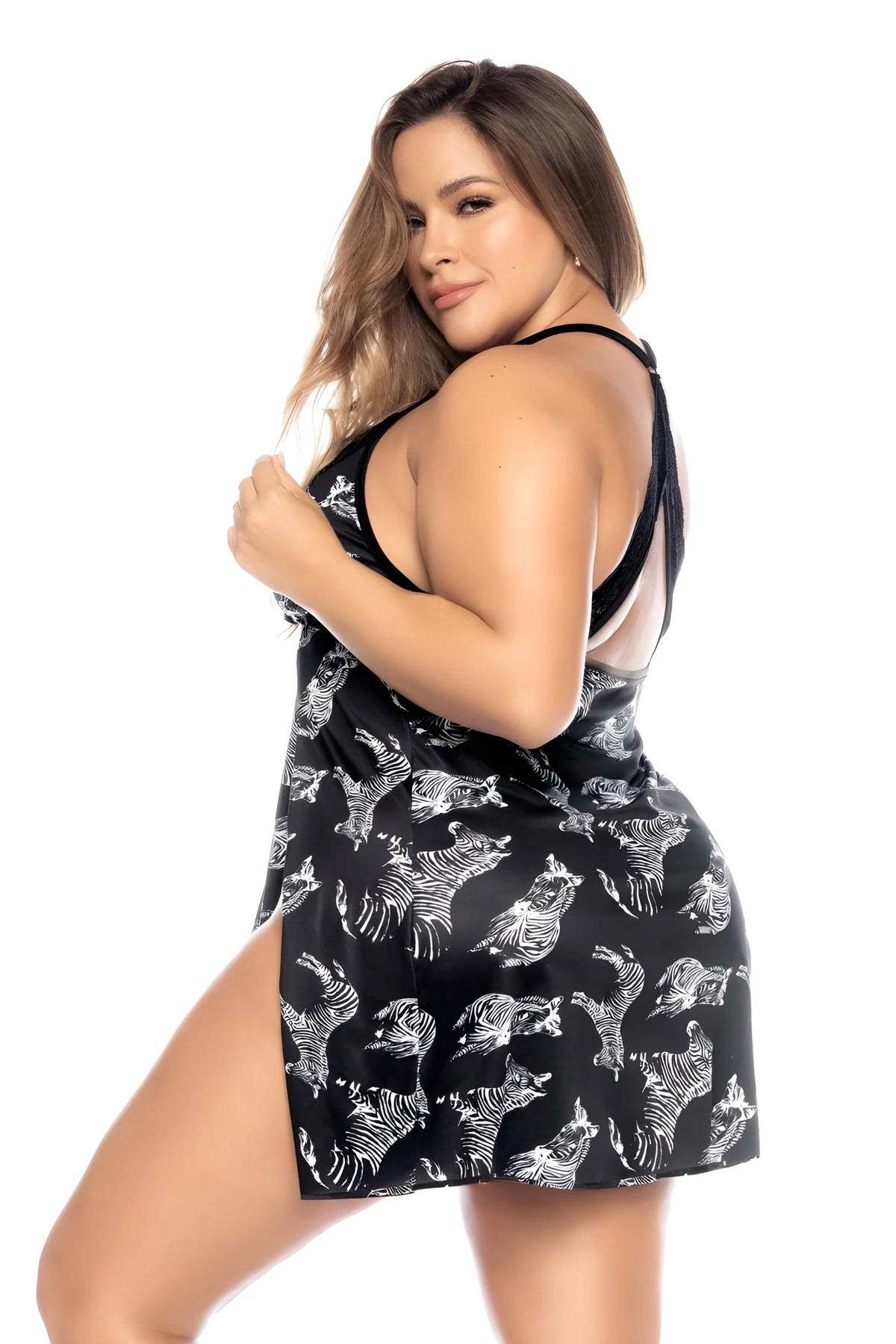Nuisette grande taille imprimé zèbre, fendue sur les côtés