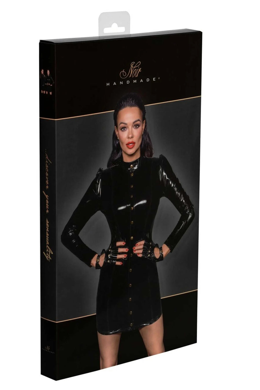 f246-robe-courte-en-pvc-fermee-sur-le-devant-par-des-fermoirs-dores | Voyage Sensuel