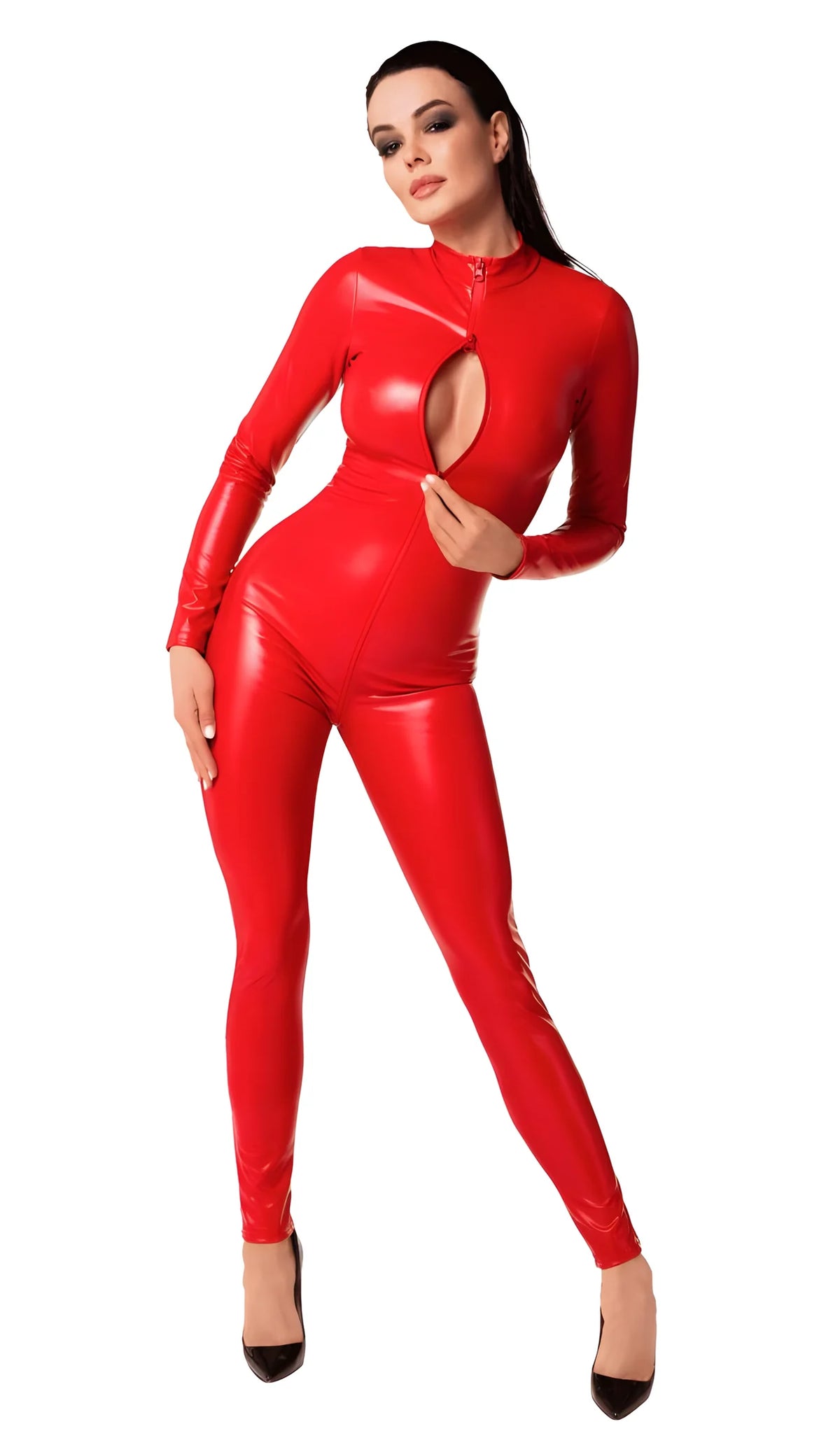 Catsuit en wetlook – Rouge – Noir