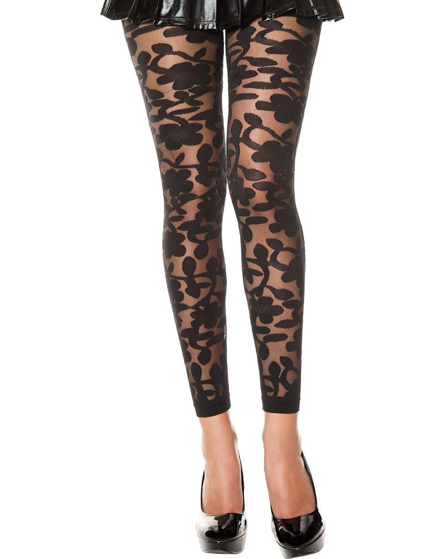 Legging noir fin transparent motif fleuri – Music Legs | Voyage Sensuel