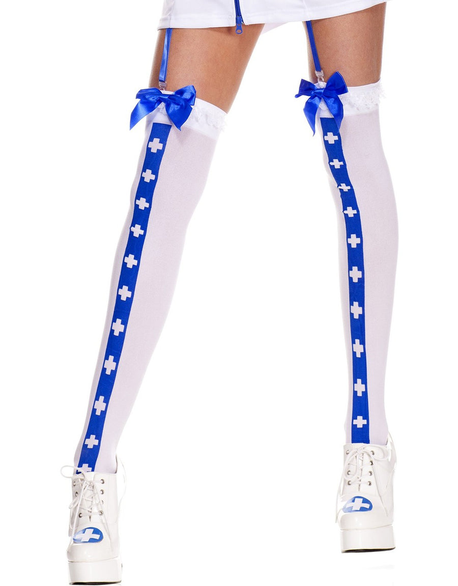 Bas sexy blanc avec bande bleu croix nfirmière et noeuds satinés – Music Legs | Voyage Sensuel