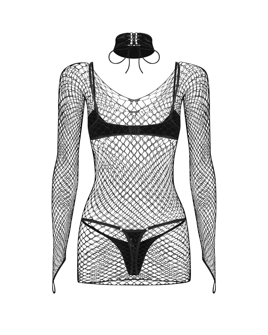 Ensemble avec robe résille 4 pièces – Noir – Sashalla – Obsessive – vue 9 | Voyage Sensuel