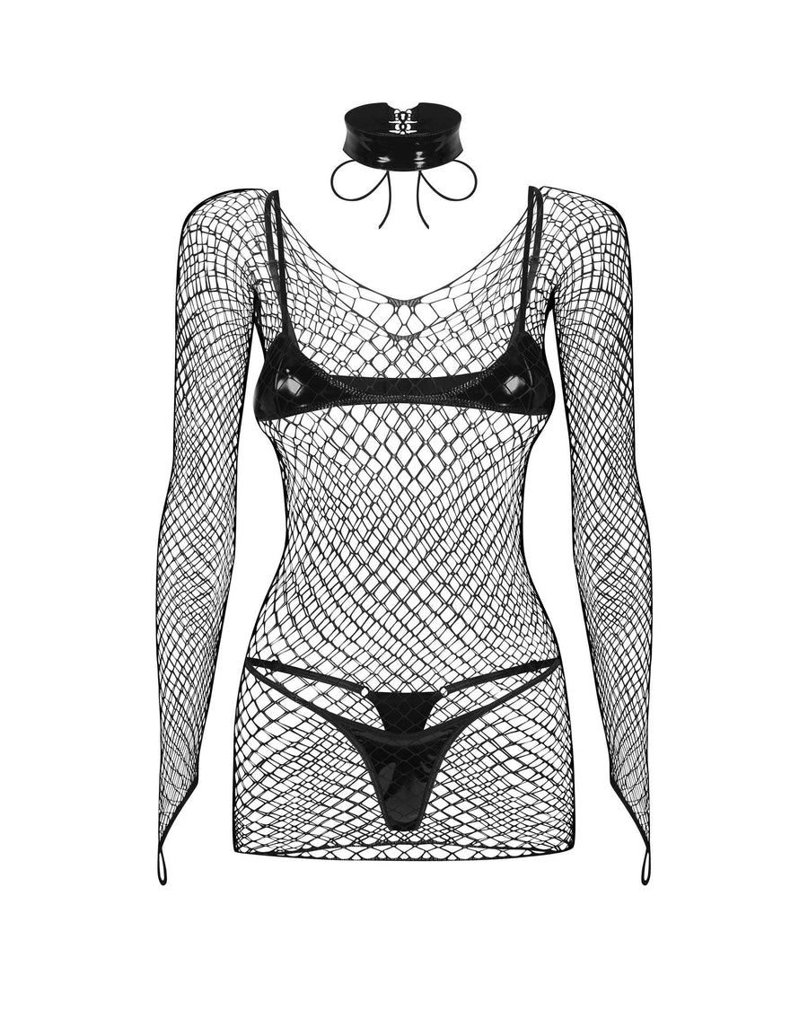 Ensemble avec robe résille 4 pièces – Noir – Sashalla – Obsessive – vue 8 | Voyage Sensuel