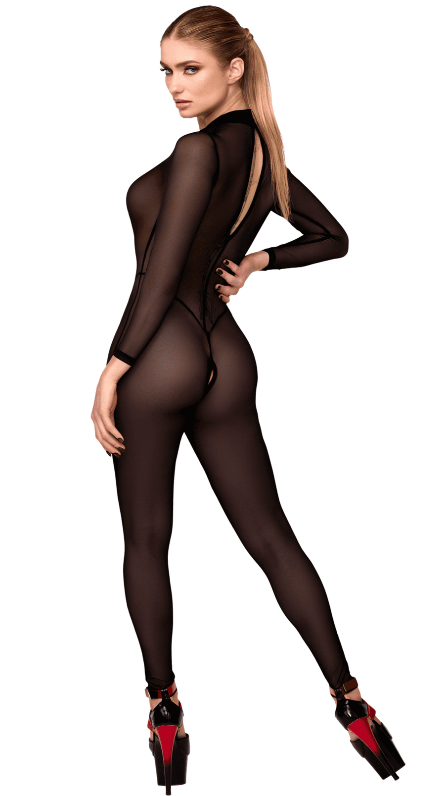Catsuit ouvert en tulle floqué – Noir – Noir Handmade – vue 3 | Voyage Sensuel