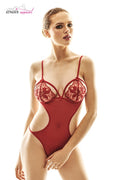Body ouvert Cailine - Tulle rouge brodé & string - 1