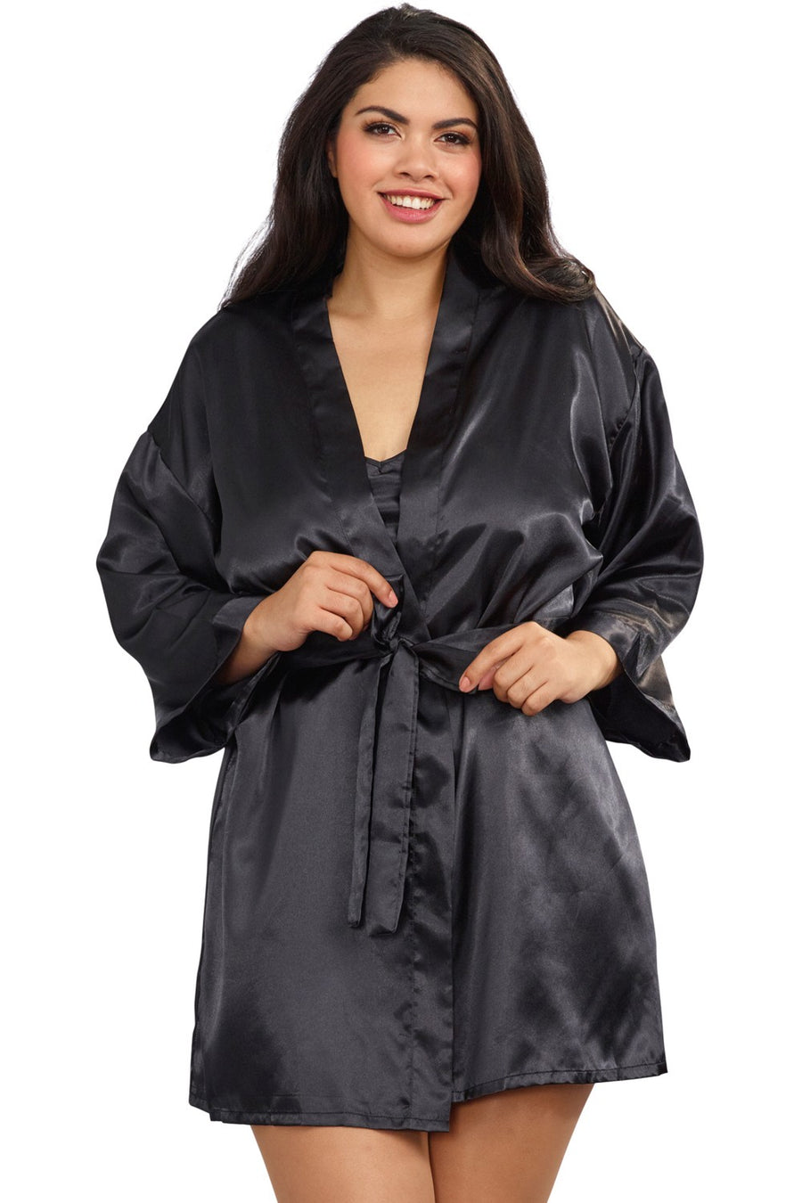 Nuisette grande taille noire avec peignoir satinés – Dreamgirl | Voyage Sensuel