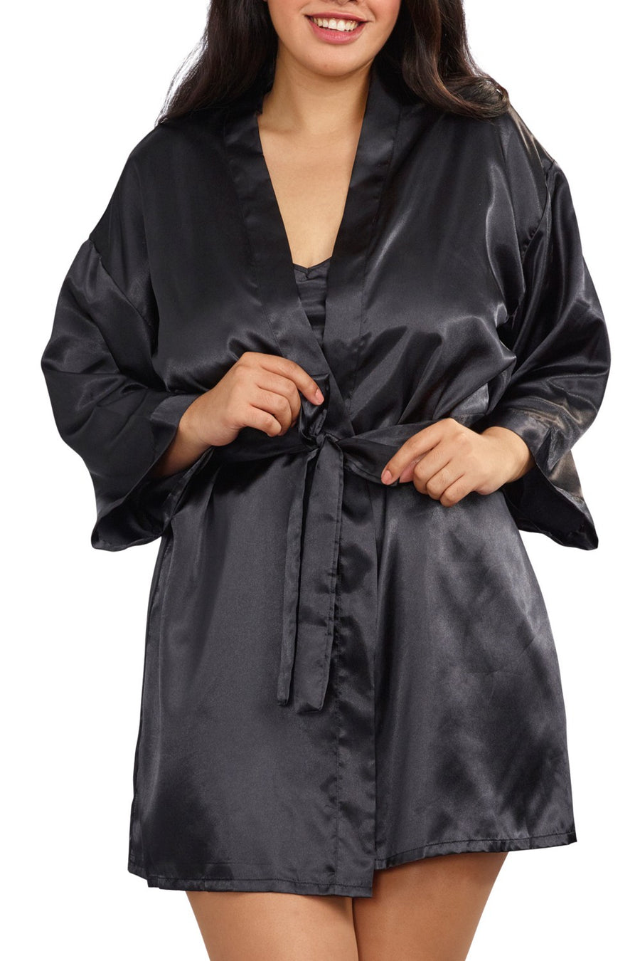 Nuisette grande taille noire avec peignoir satinés – Dreamgirl | Voyage Sensuel