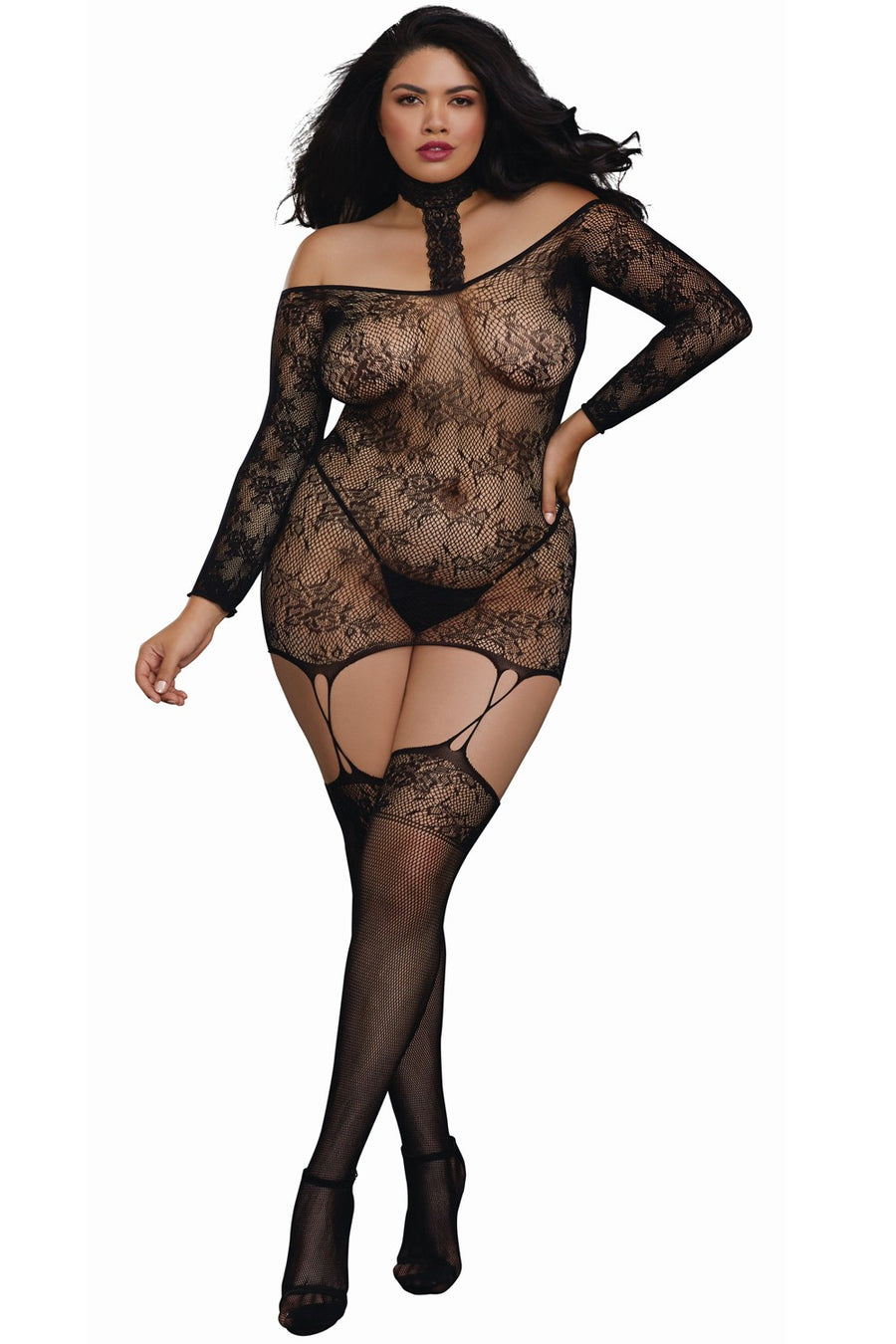 Bodystocking résille guêpière grande taille réversible avec tour de cou – Dreamgirl | Voyage Sensuel