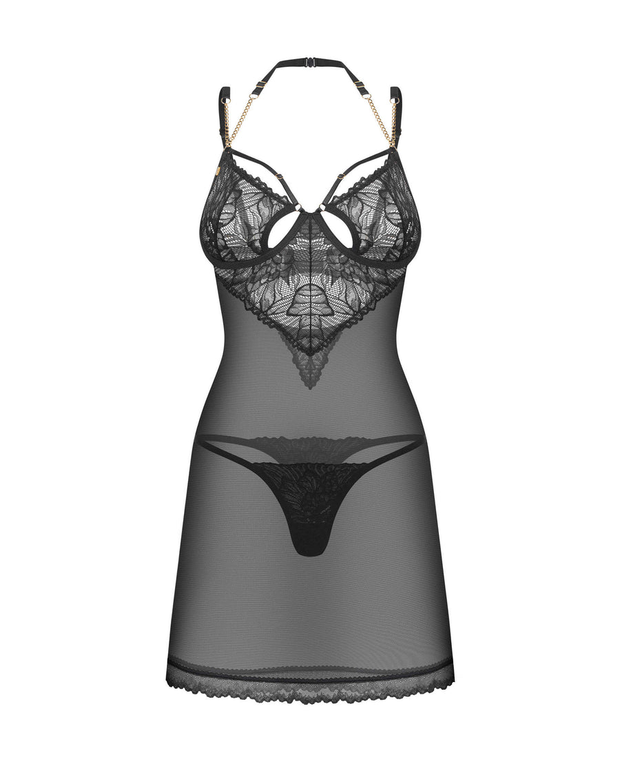 Nuisette en dentelle à chaînes avec string – Noir – Matildea – Obsessive – vue 5 | Voyage Sensuel