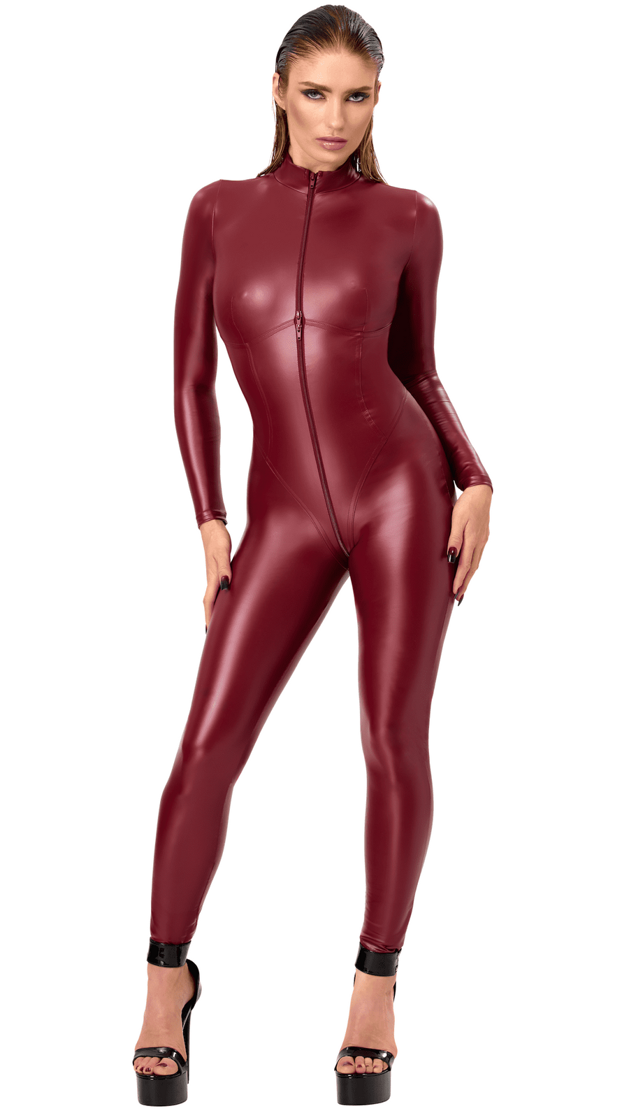 Combinaison Powerwetlook bordeaux zip trois voies F395 Dark Romance – vue 1 | Voyage Sensuel