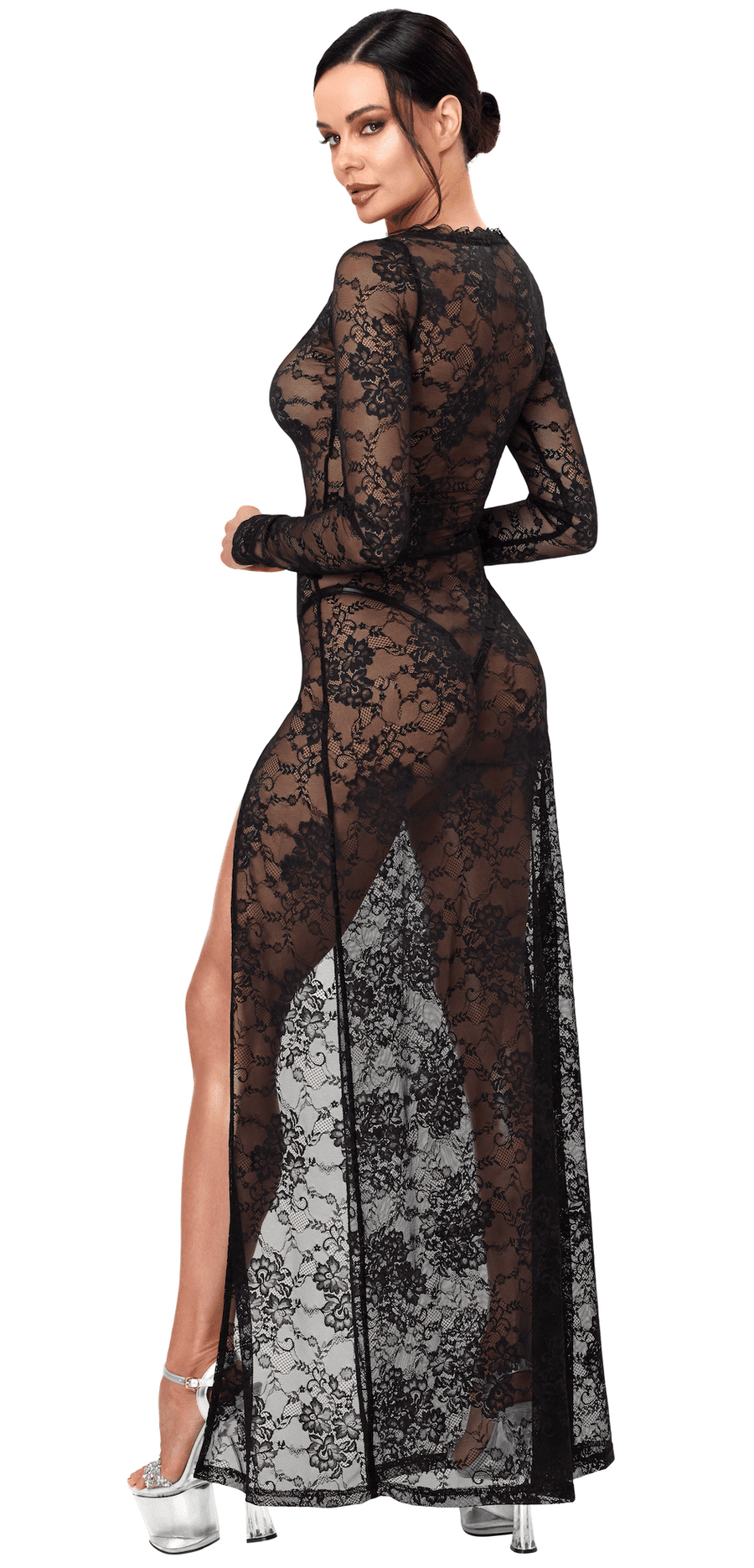 Robe longue dentelle noire fendue F405 One More Kiss – vue 2 | Voyage Sensuel